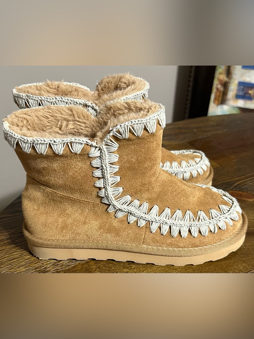Beach by Matisse Tan Suede Ankle Bootie with Cream Stitch Trim